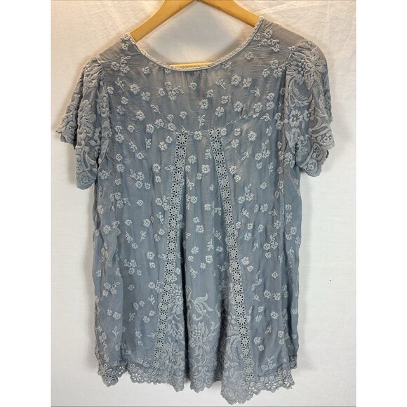 Johnny Was Top Womens XS Blue Flutter Sleeve Embroidered Tunic Resort Vacation - Picture 2 of 11